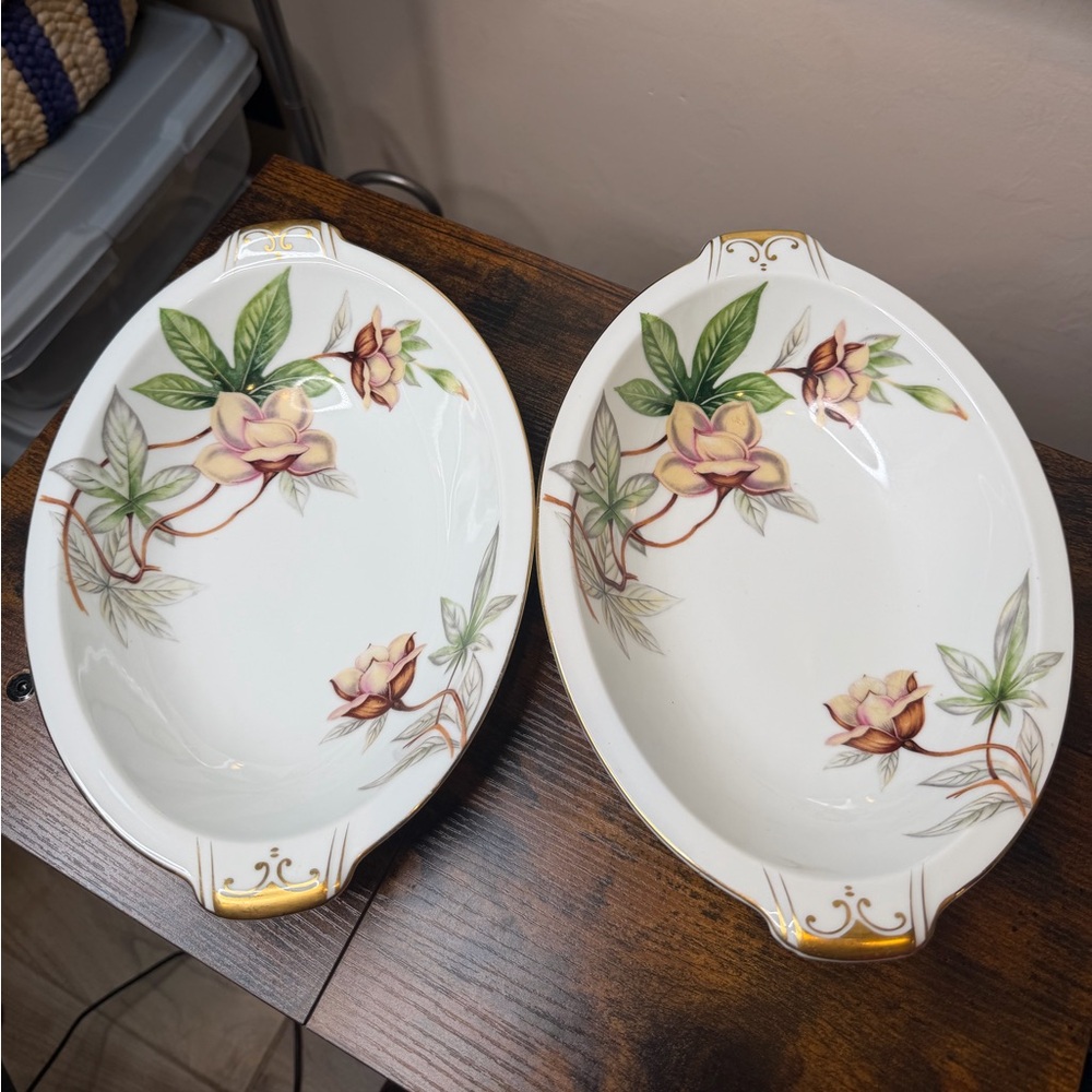 Metió Ivory China Vintage Serving Dishes  "Woodrose" Pattern Set of 2